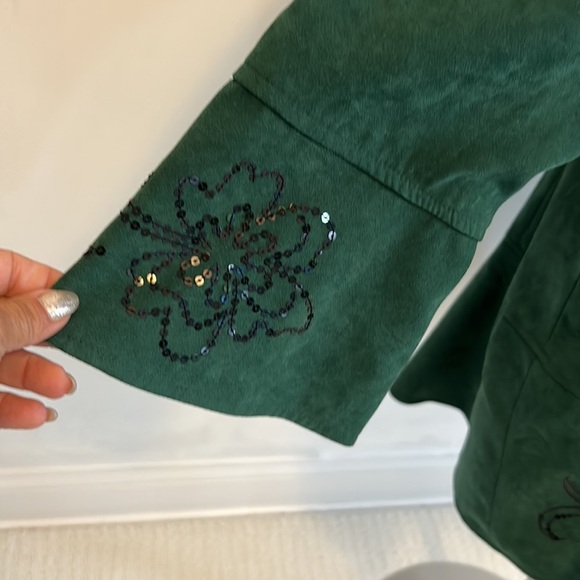 Bob Mackie Green Faux Suede Sequined Bell Sleeve Jacket - Picture 4 of 8